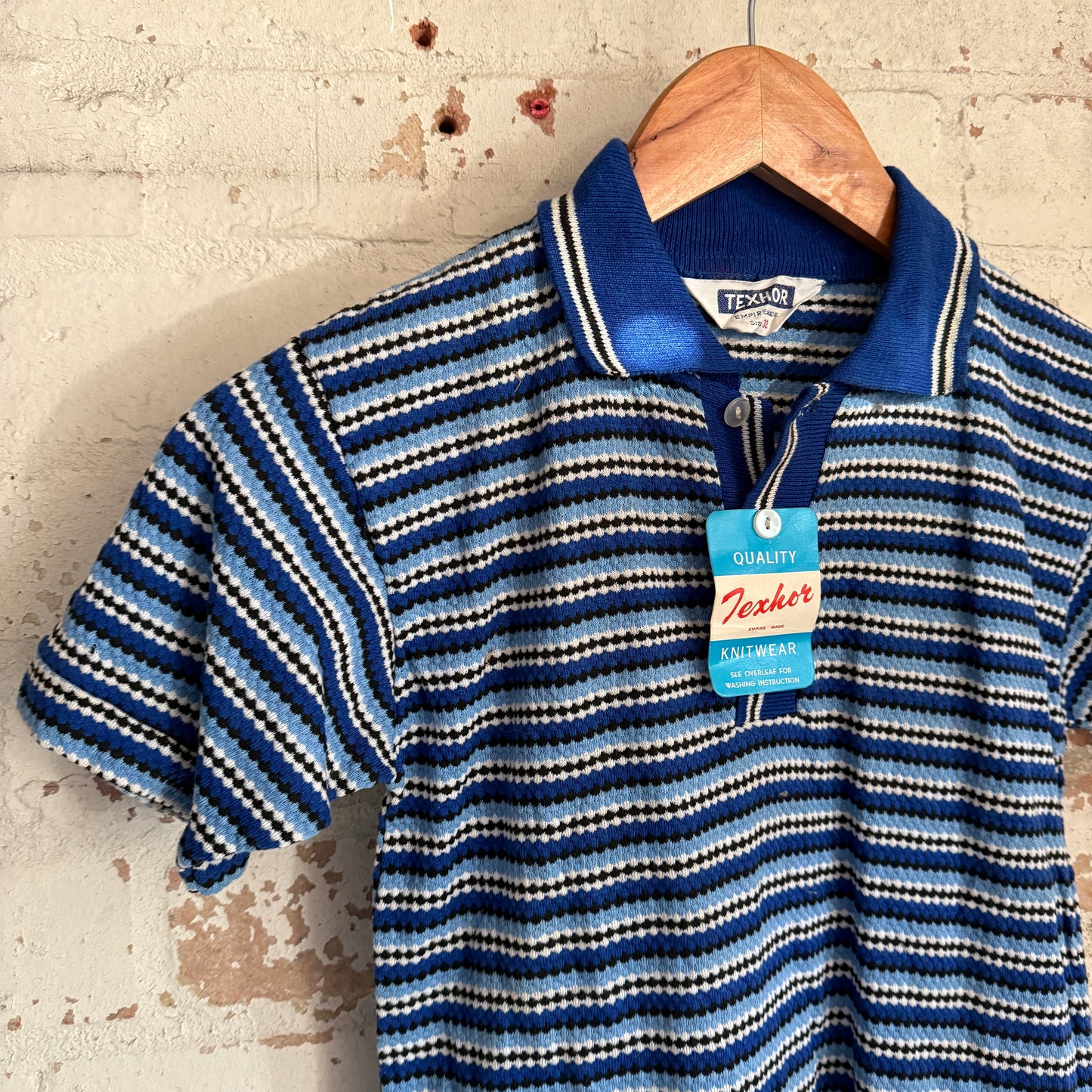 1960s 1970s Blue Patterned Dead Stock Polo Shirt Top