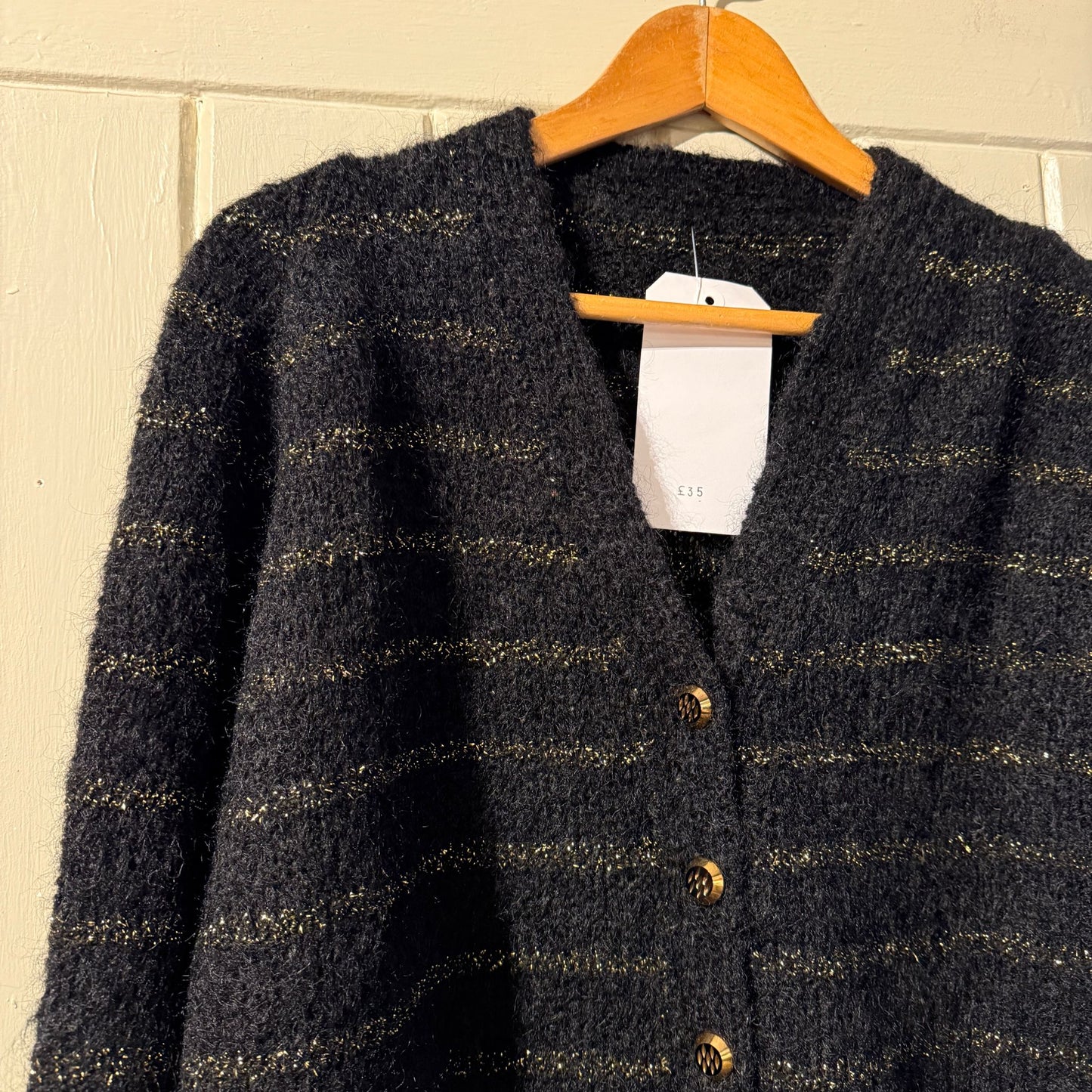 1970s Black Mohair Knitted Striped Cardigan Jumper