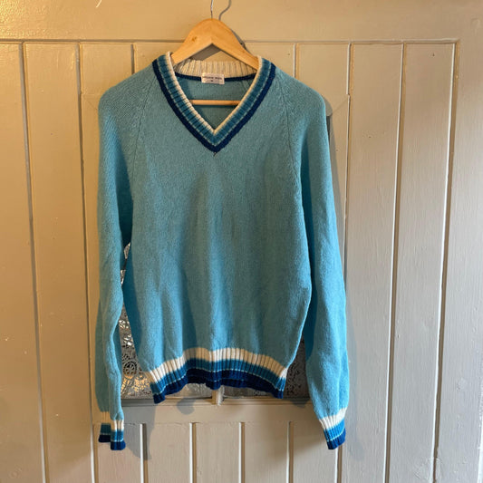 1970s Blue V-Neck Knitted Jumper