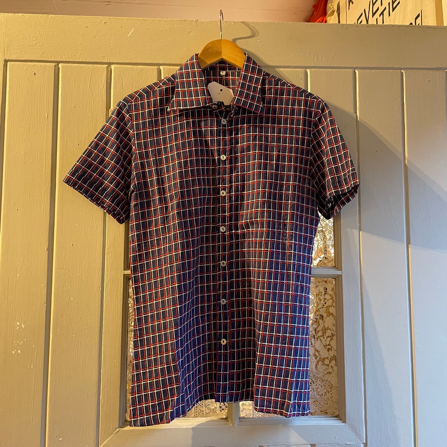 1970s Blue and Red Checkered Button  Shirt