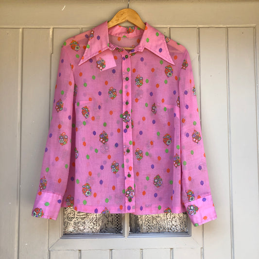 1970s Pink Chiffon Dagger Collar Shirt