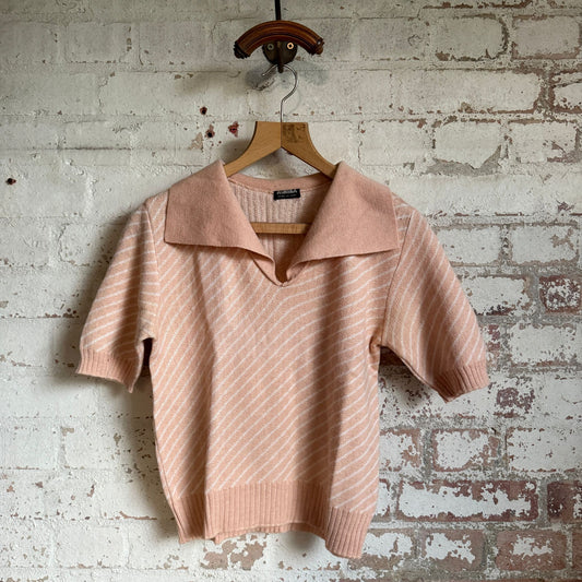 1970s Peach Italian Knitted Striped Polo Shirt Top