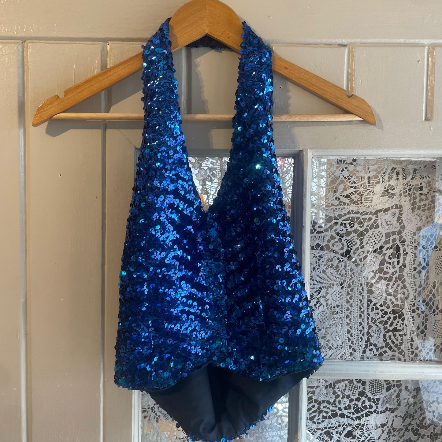 1970s Blue Sequin Halter Neck Top