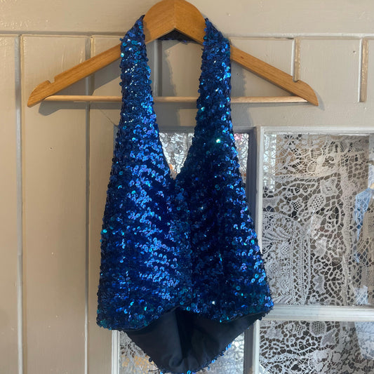 1970s Blue Sequin Halter Neck Top