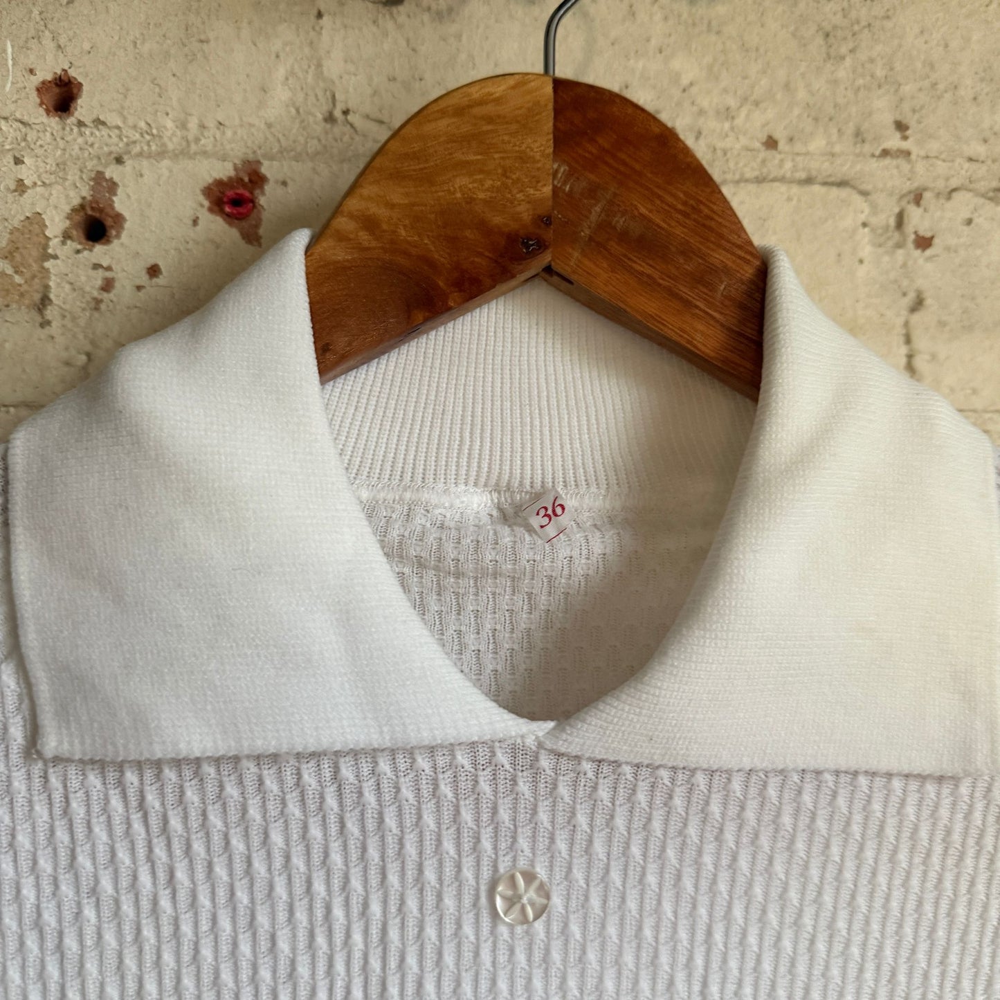1970s White Textured Knitted Polo Shirt Top