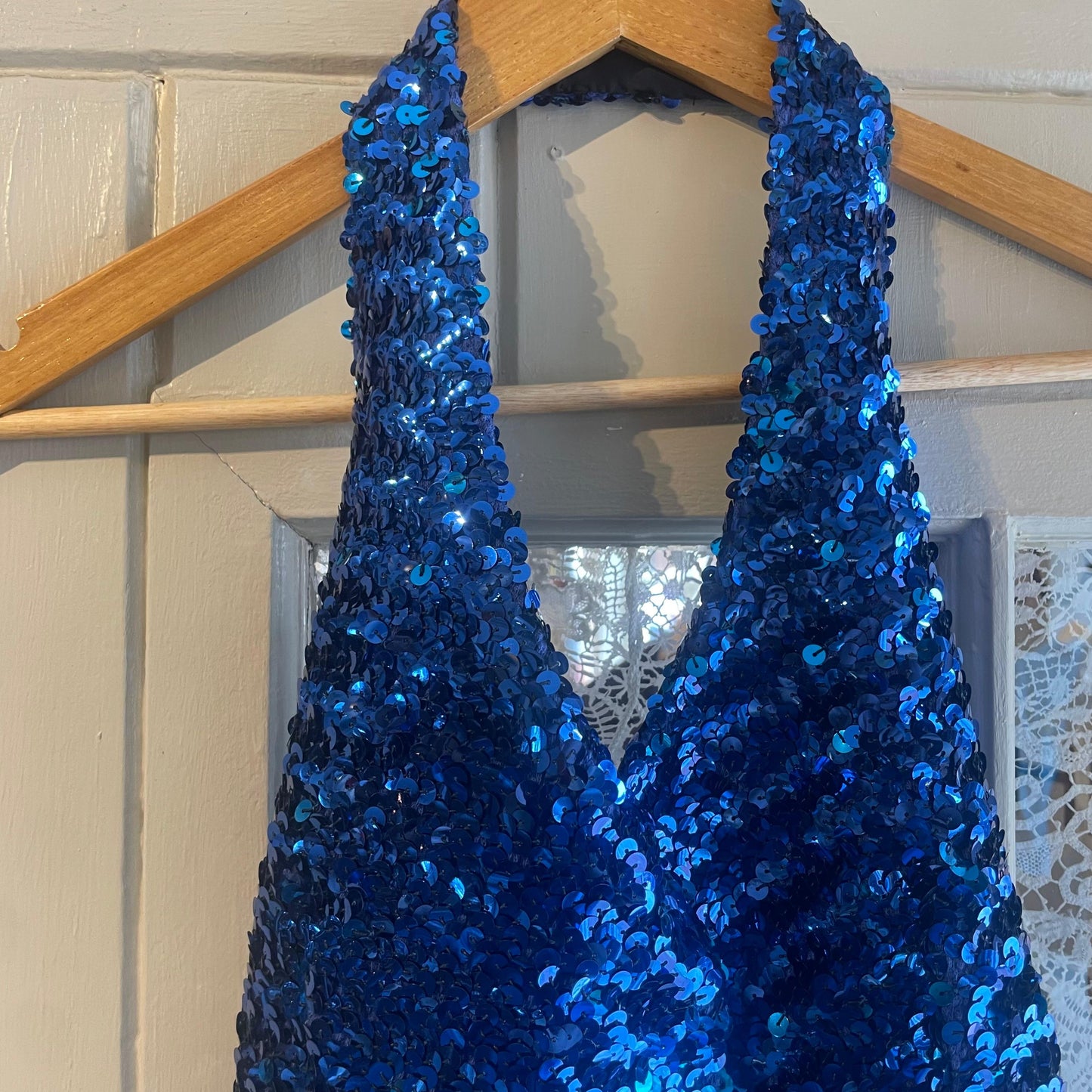 1970s Blue Sequin Halter Neck Top
