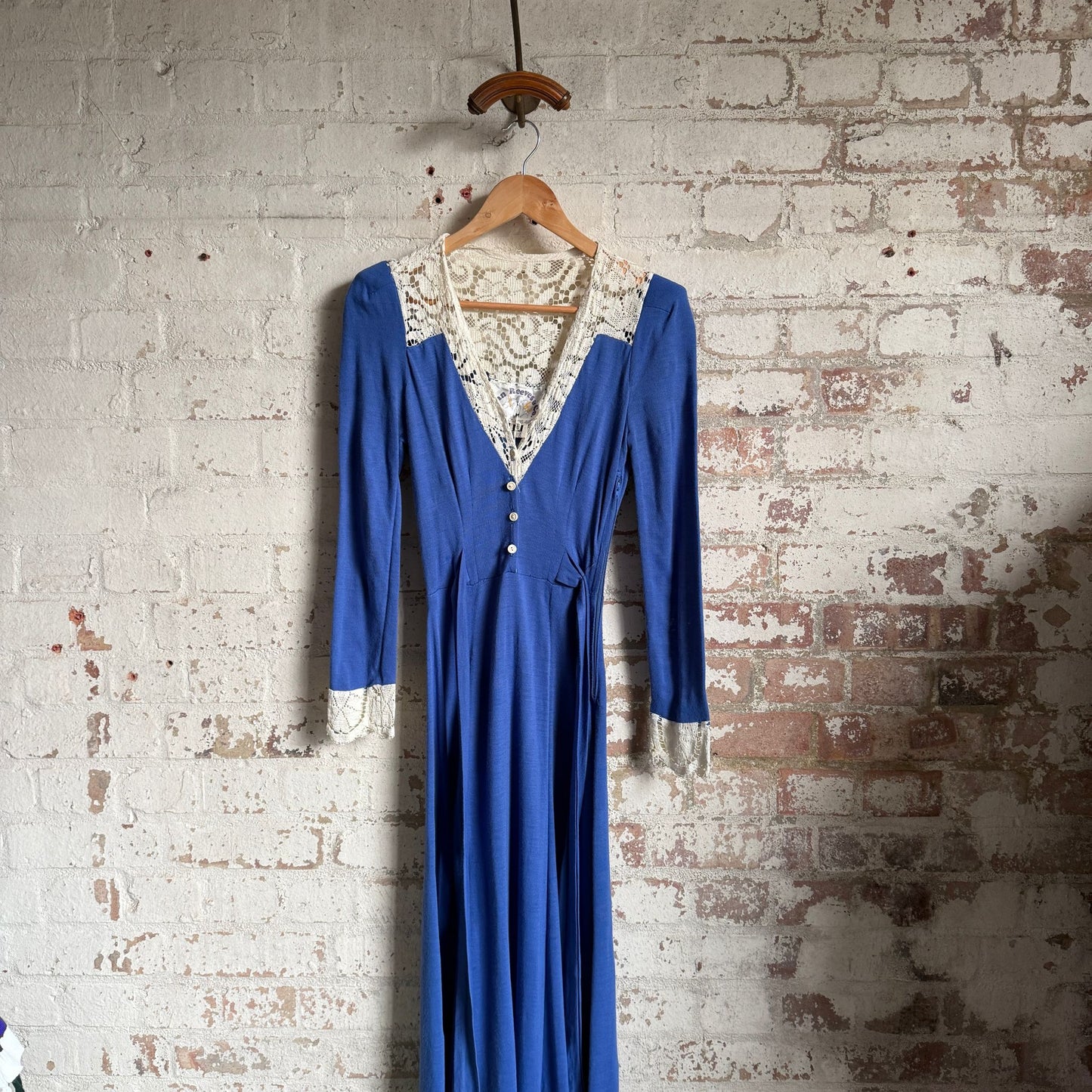 1970s Blue Ann Reeves Cotton Embroidered Button Long Dress