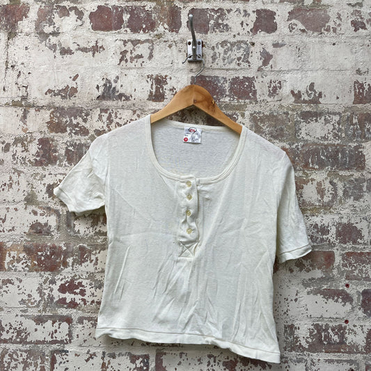 Vintage 1970s 1980s Cream Button t-Shirt Top