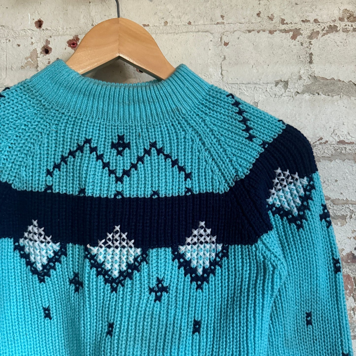 1960s Turquoise Knitted Patterned British Jumper