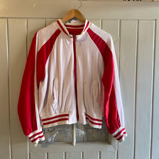 1970s Reversible Towelling White and Red Zip Up Jacket