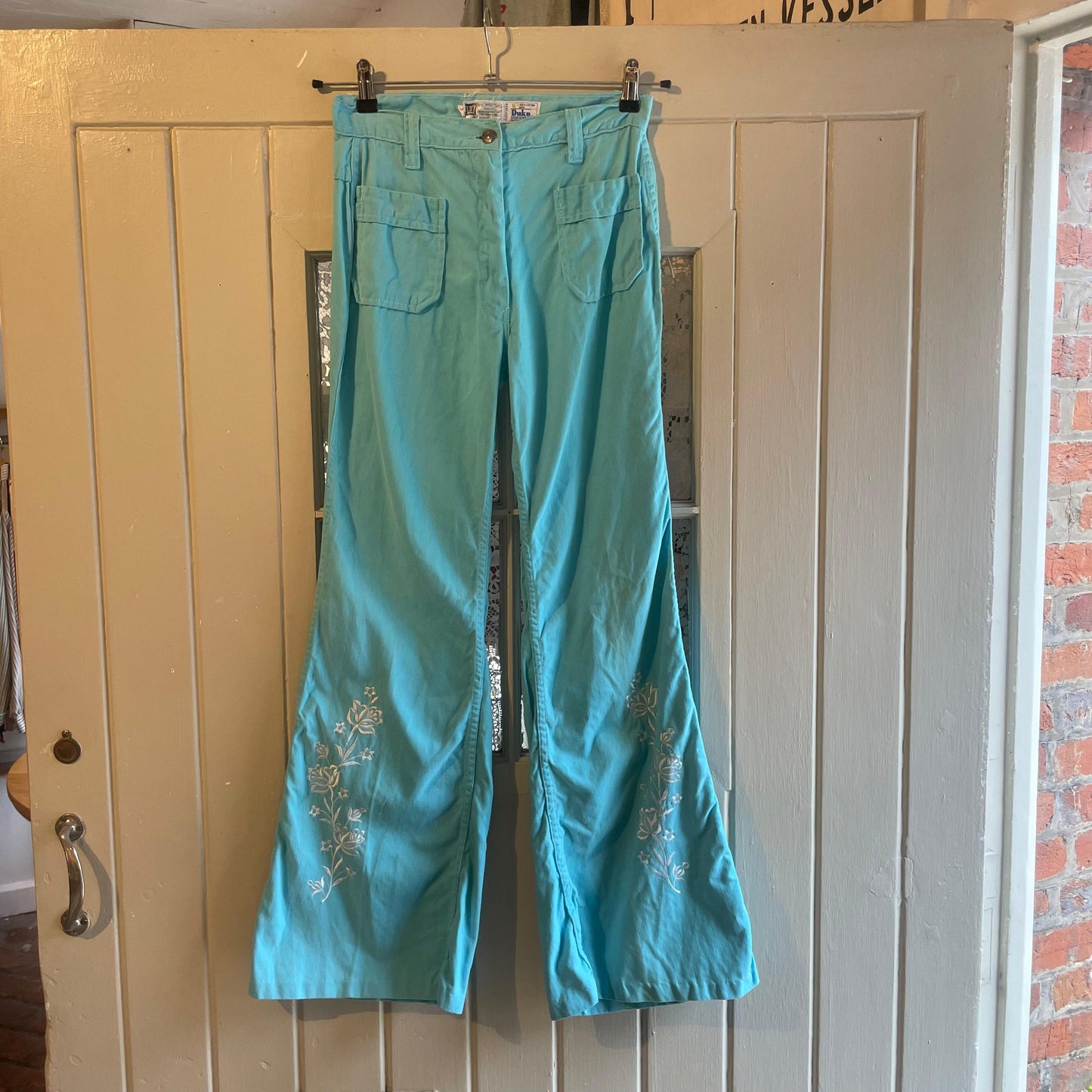 1970s Turquoise Embroidered Flared Trousers