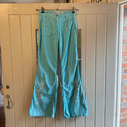 1970s Turquoise Embroidered Flared Trousers