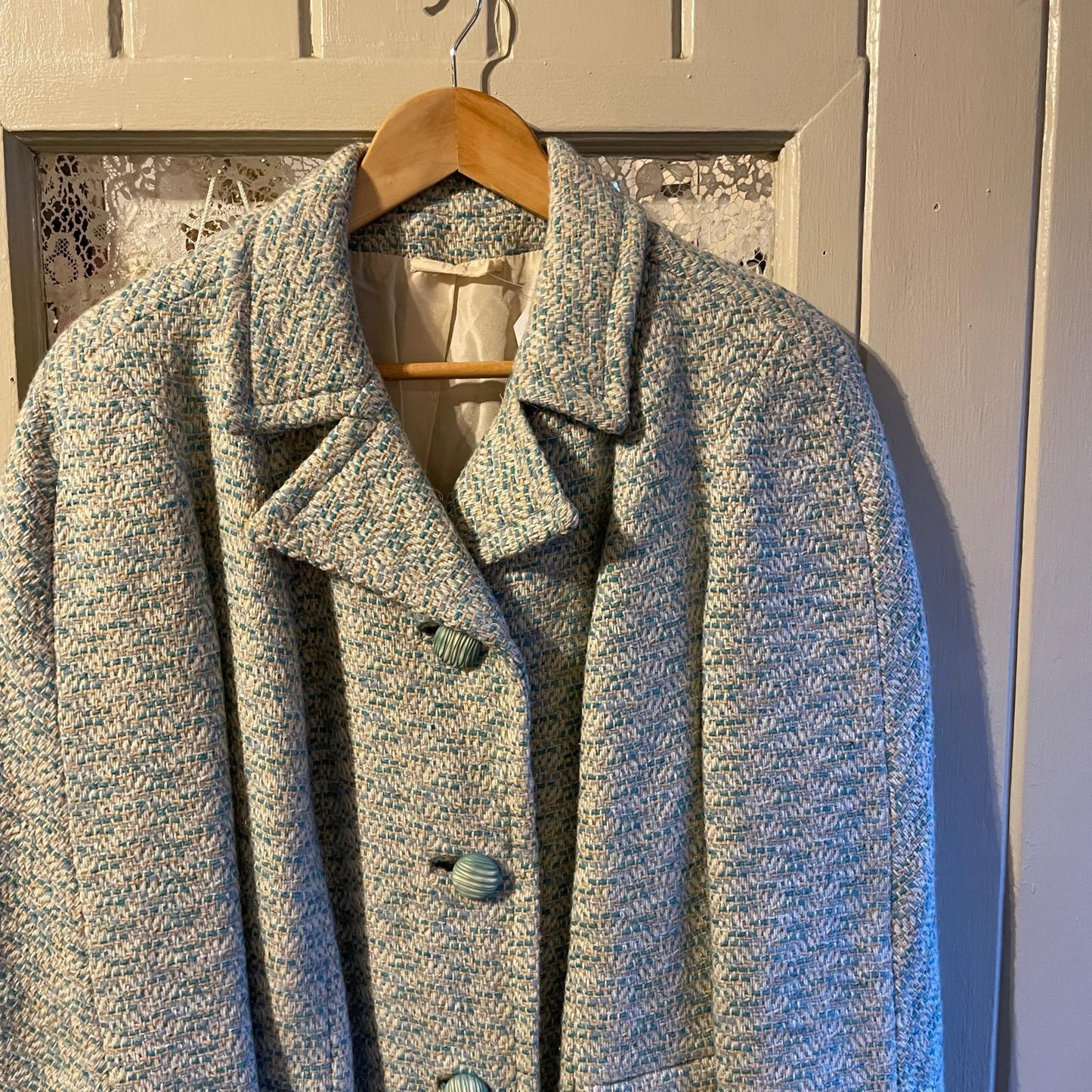 1950s Light Blue Wool Pastel Patterned Coat