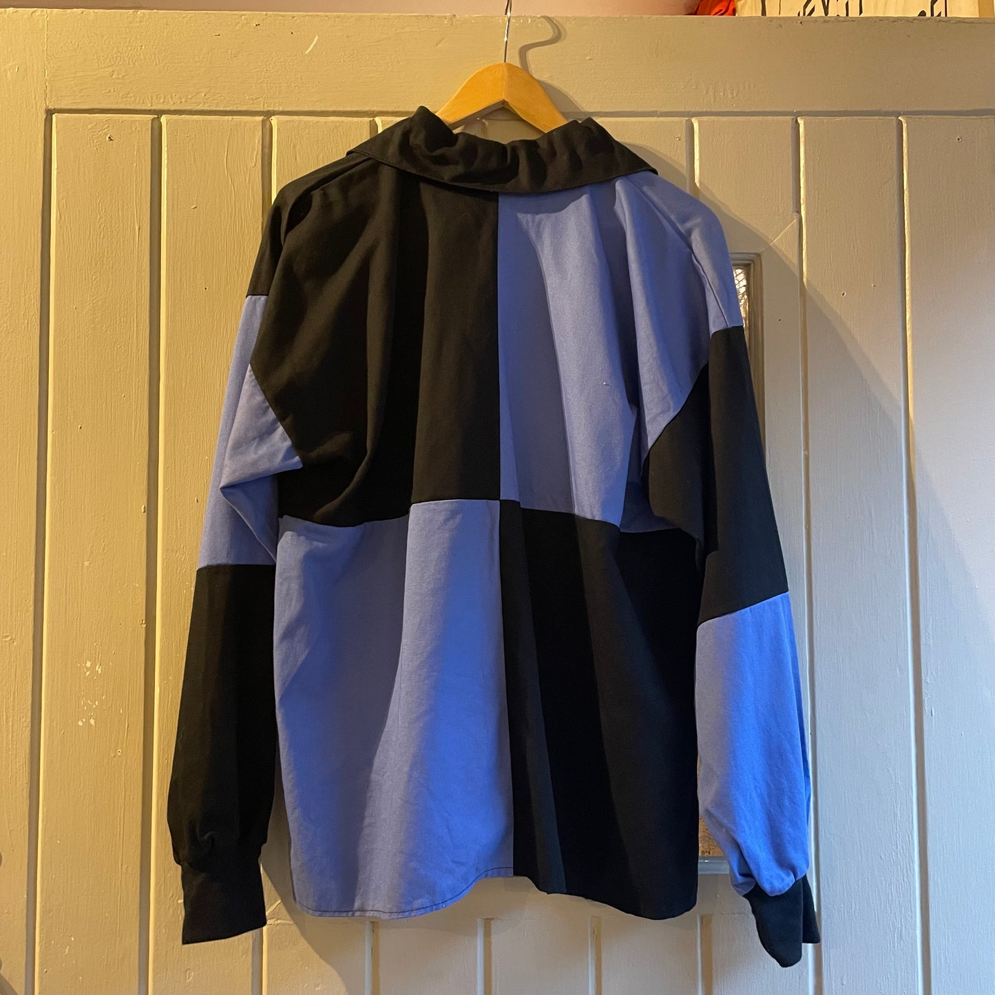 1980s Blue and Black Hockey Check Panel Tailored Rugby Shirt