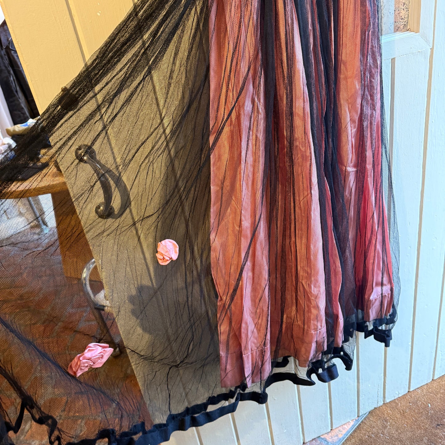 1930s 1940s Pink Netting Evening Dress with bag