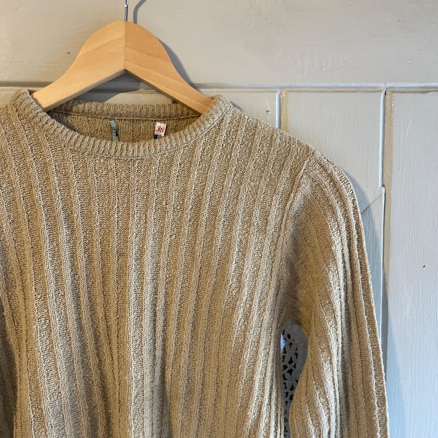 1970s Beige Towelling Ribbed Knitted Jumper