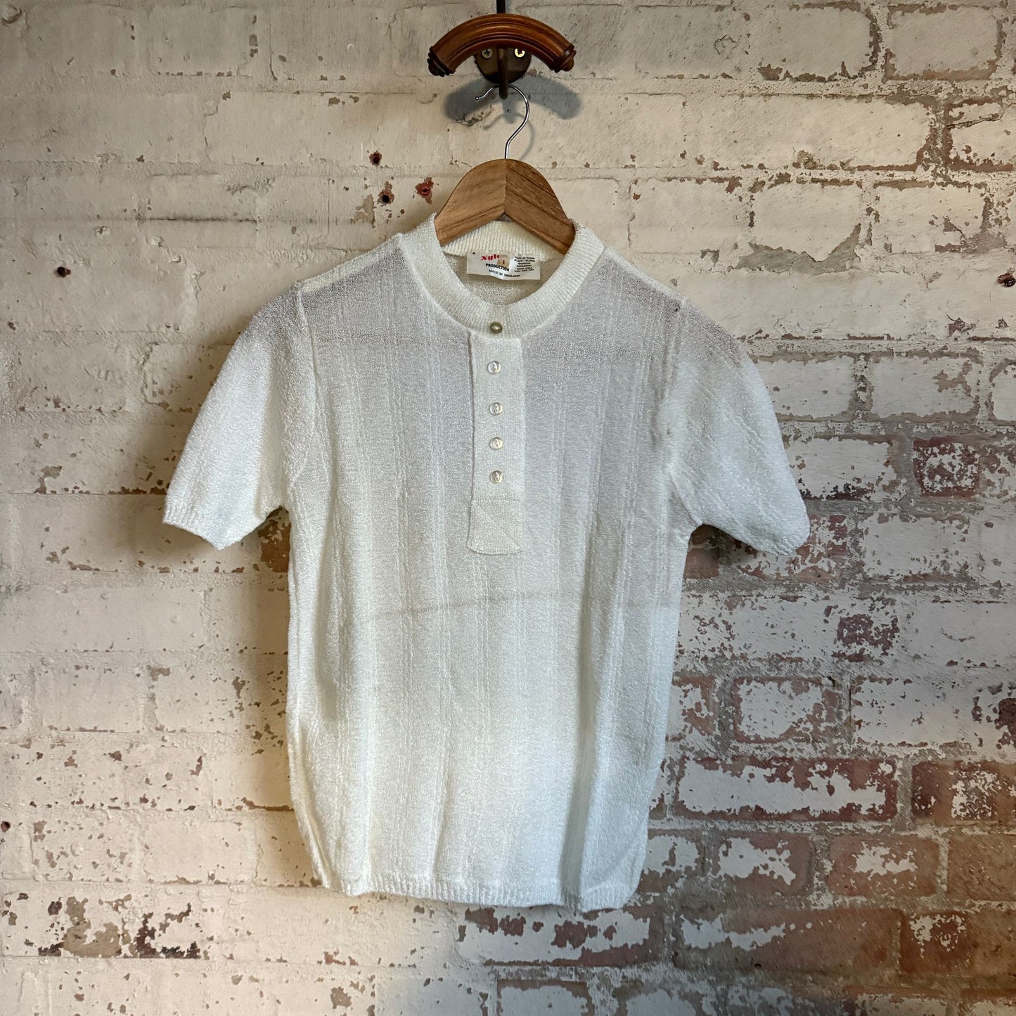 1970s White Ribbed Collar Polo Shirt Top