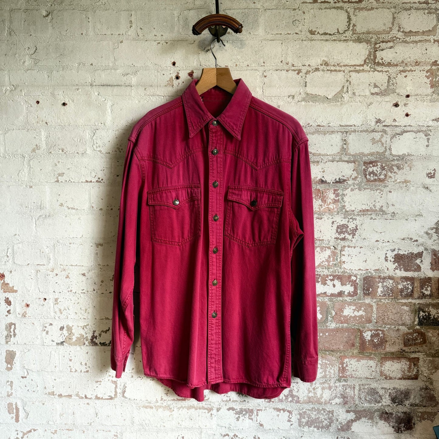 1980s Faded Red Denim Western Style Shirt