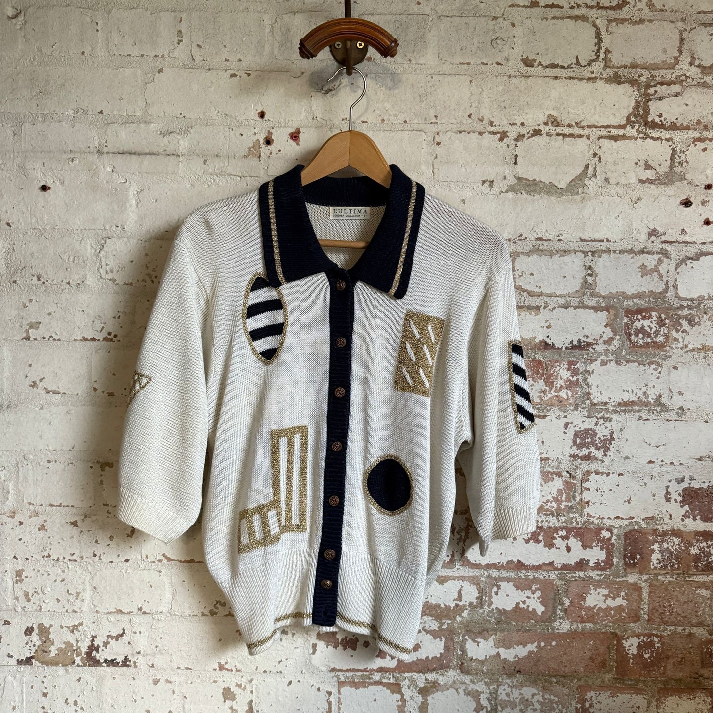 1970s White Knitted Button Collared Cardigan Jumper