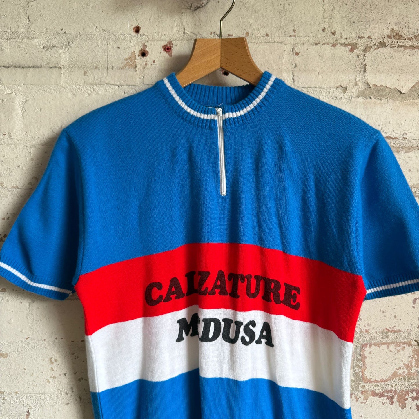 1970s Blue Knitted Cycling Zip Shirt