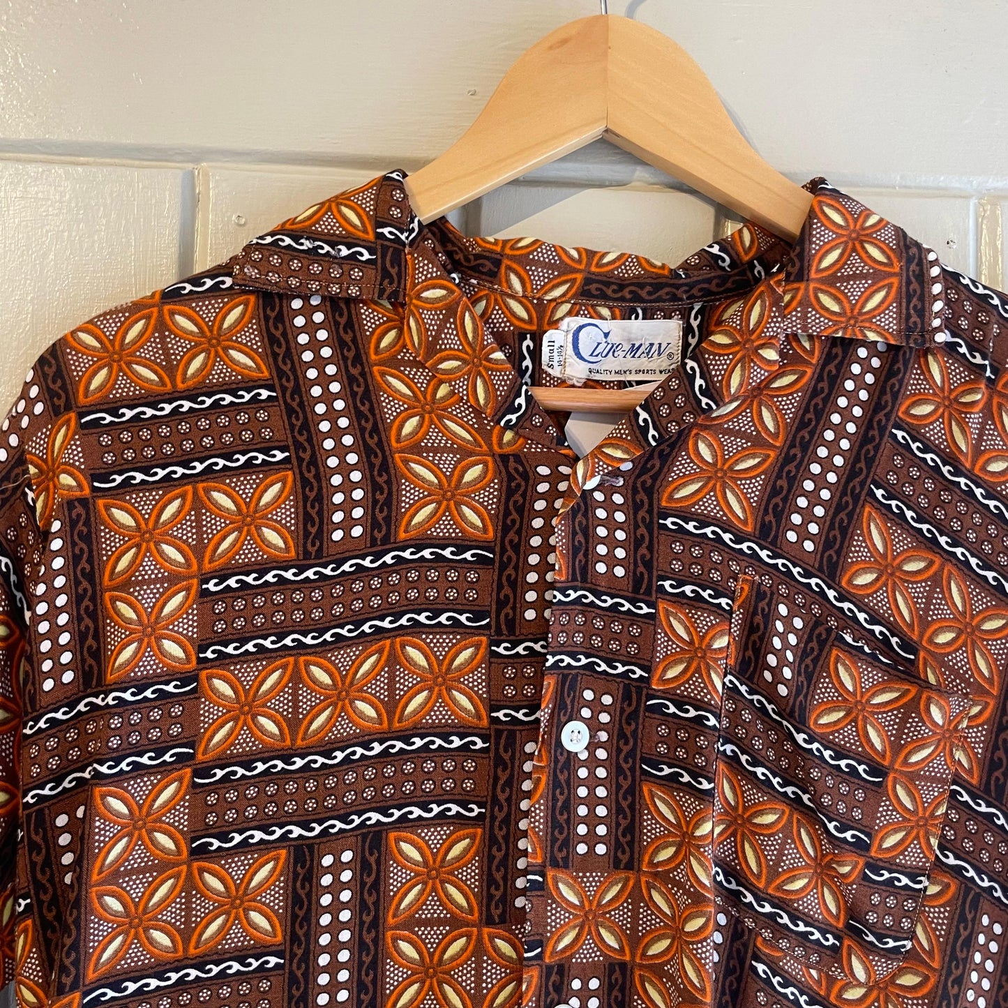 1960s Brown Patterned Rayon Button Shirt