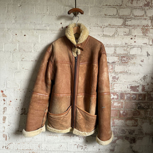 1970s Brown Leather Shearling Coat Jacket