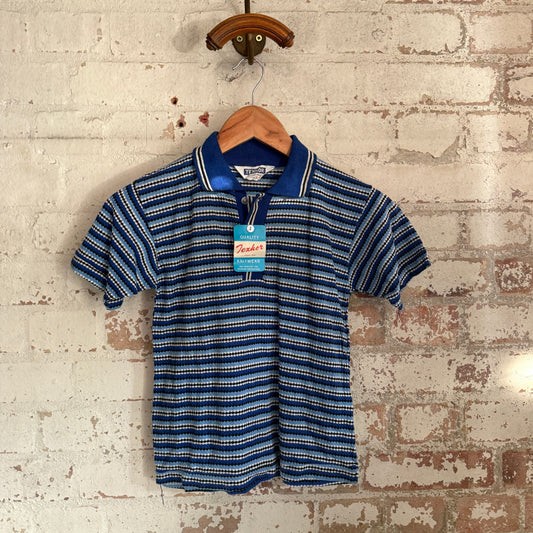1960s 1970s Blue Patterned Dead Stock Polo Shirt Top