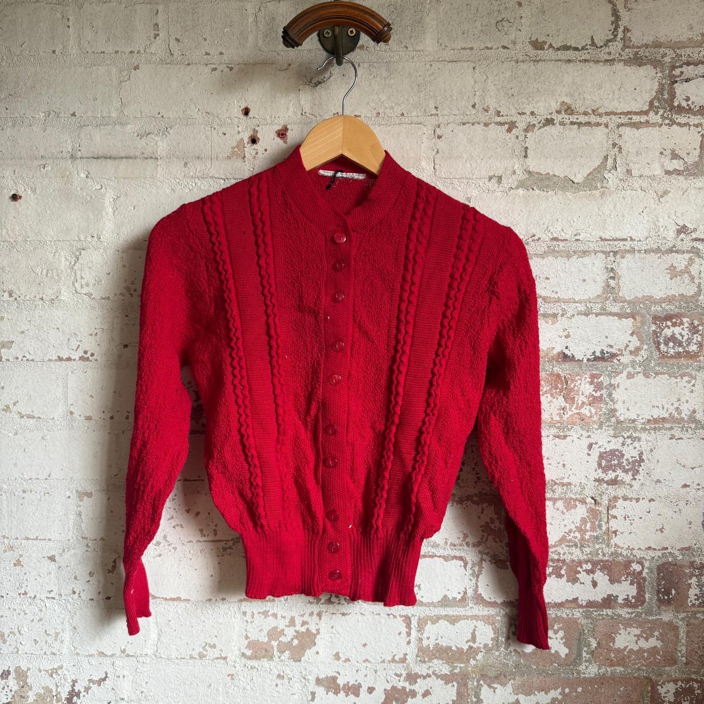1960s Red Wool British Knitted Cardigan Jumper