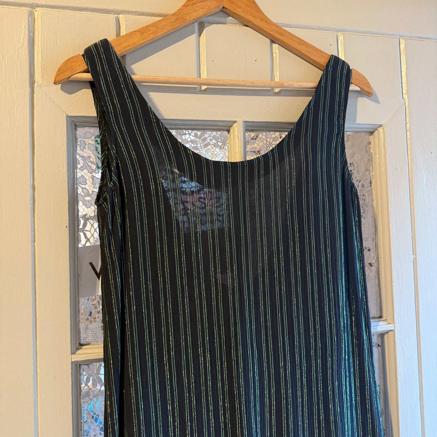 1970s Green Striped Miss Selfridge Long Dress