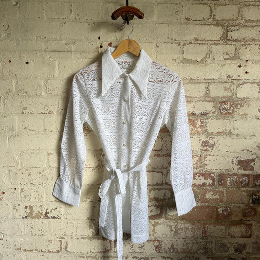 1970s White St Michaels Patterned Blouse Shirt