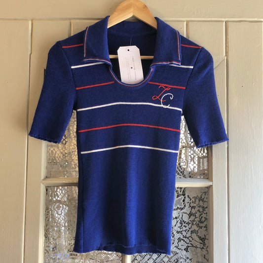 1970s Blue Stripe Italian Knitted Polo SHirt