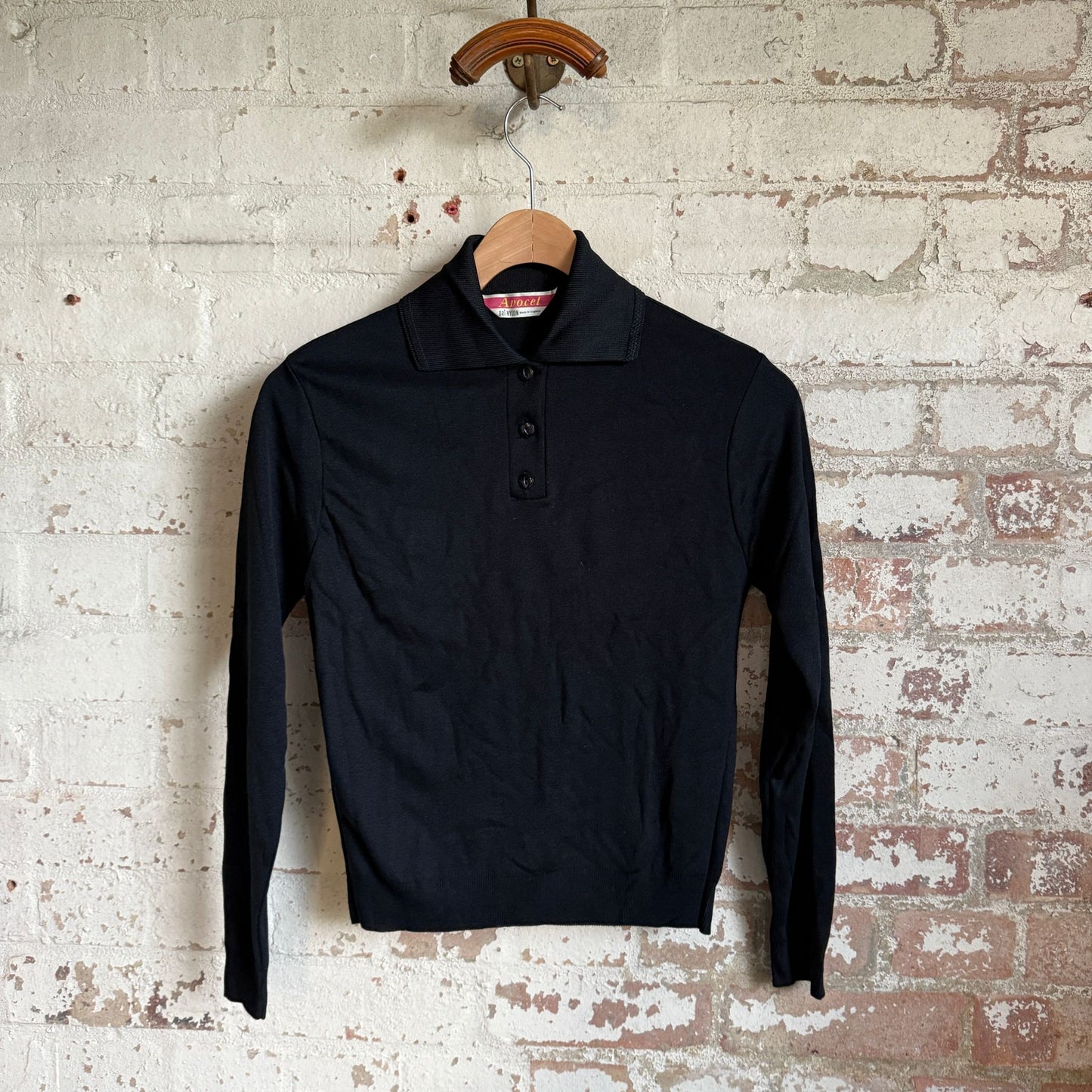 1970s Black Long-sleeve Polo Shirt Top
