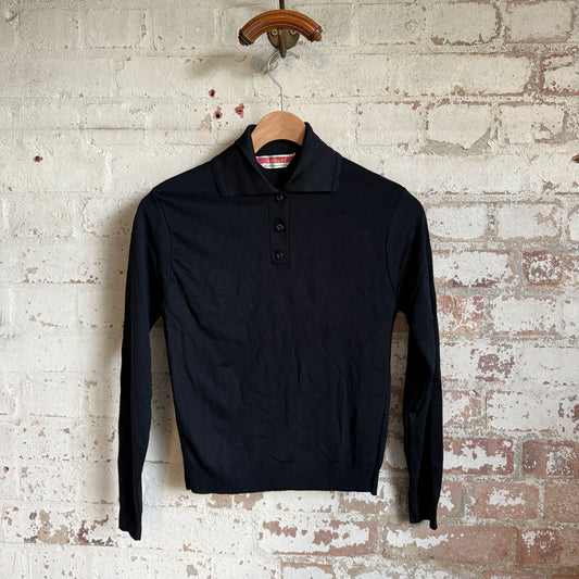 1970s Black Long-sleeve Polo Shirt Top