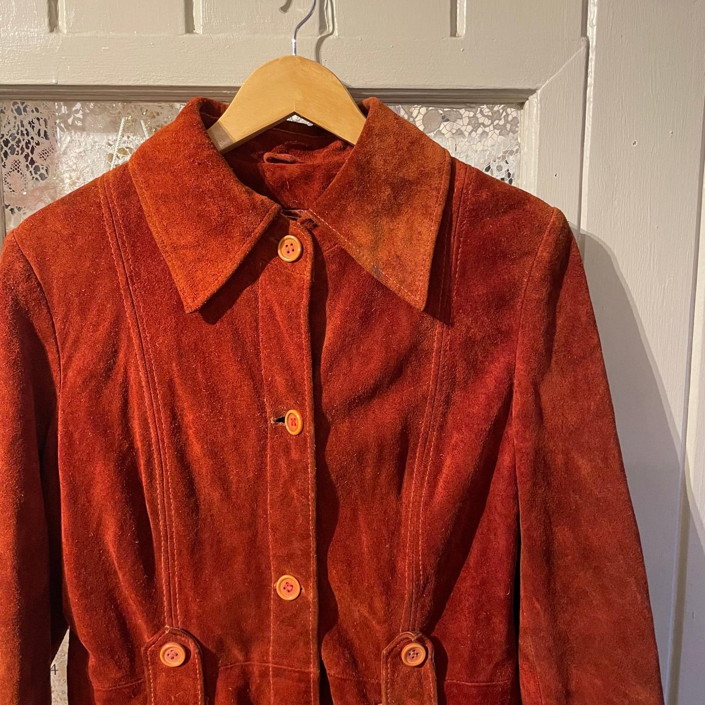 1970s Burnt Orange Suede Leather Dagger Collar Jacket