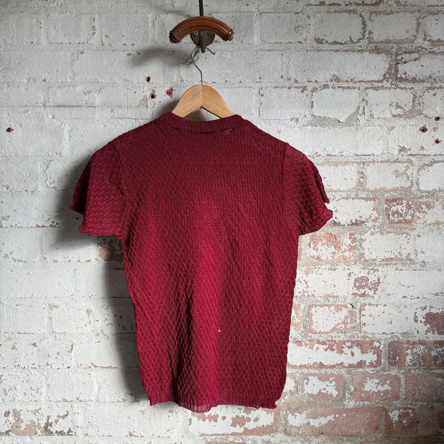 1960s 1970s Burgundy Rayon Knitted T-Shirt Top