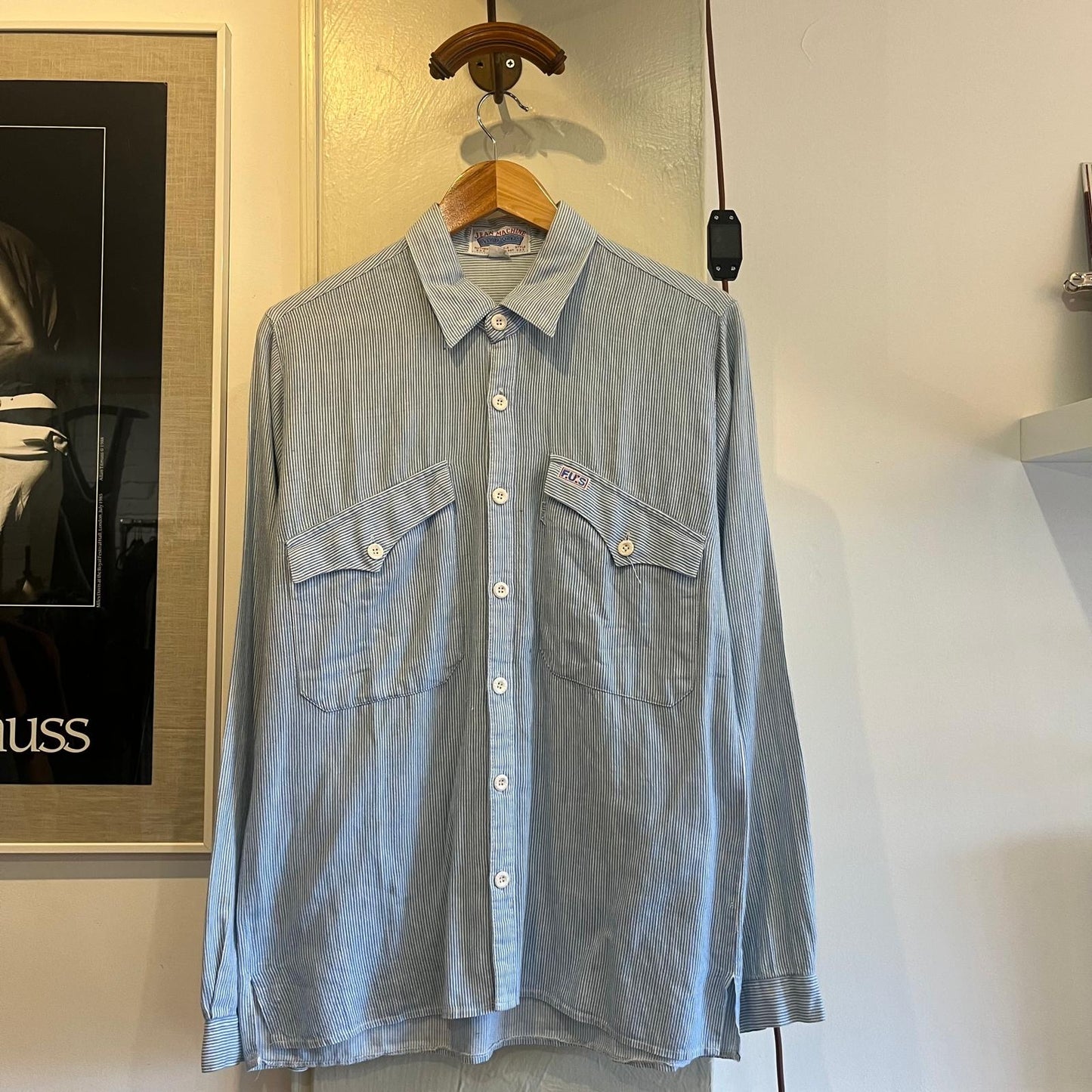 1970s Striped Baby blue Long Sleeve Shirt with Large Pocket Detail