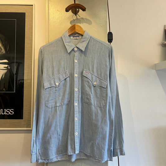 1970s Striped Baby blue Long Sleeve Shirt with Large Pocket Detail