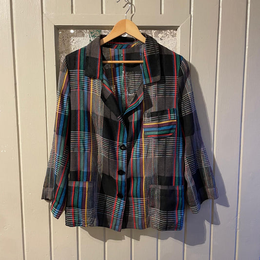 1980s Black Check Linen Button jacket