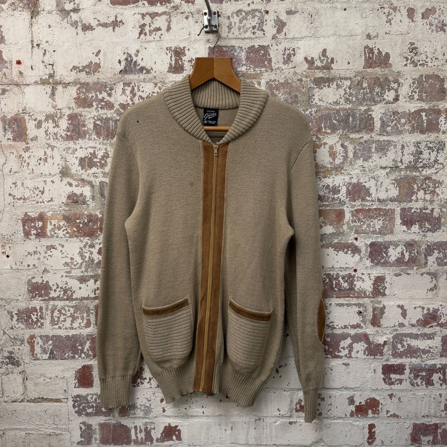 1970s Beige Italian Knitted Suede Zip Up Track Top Jumper