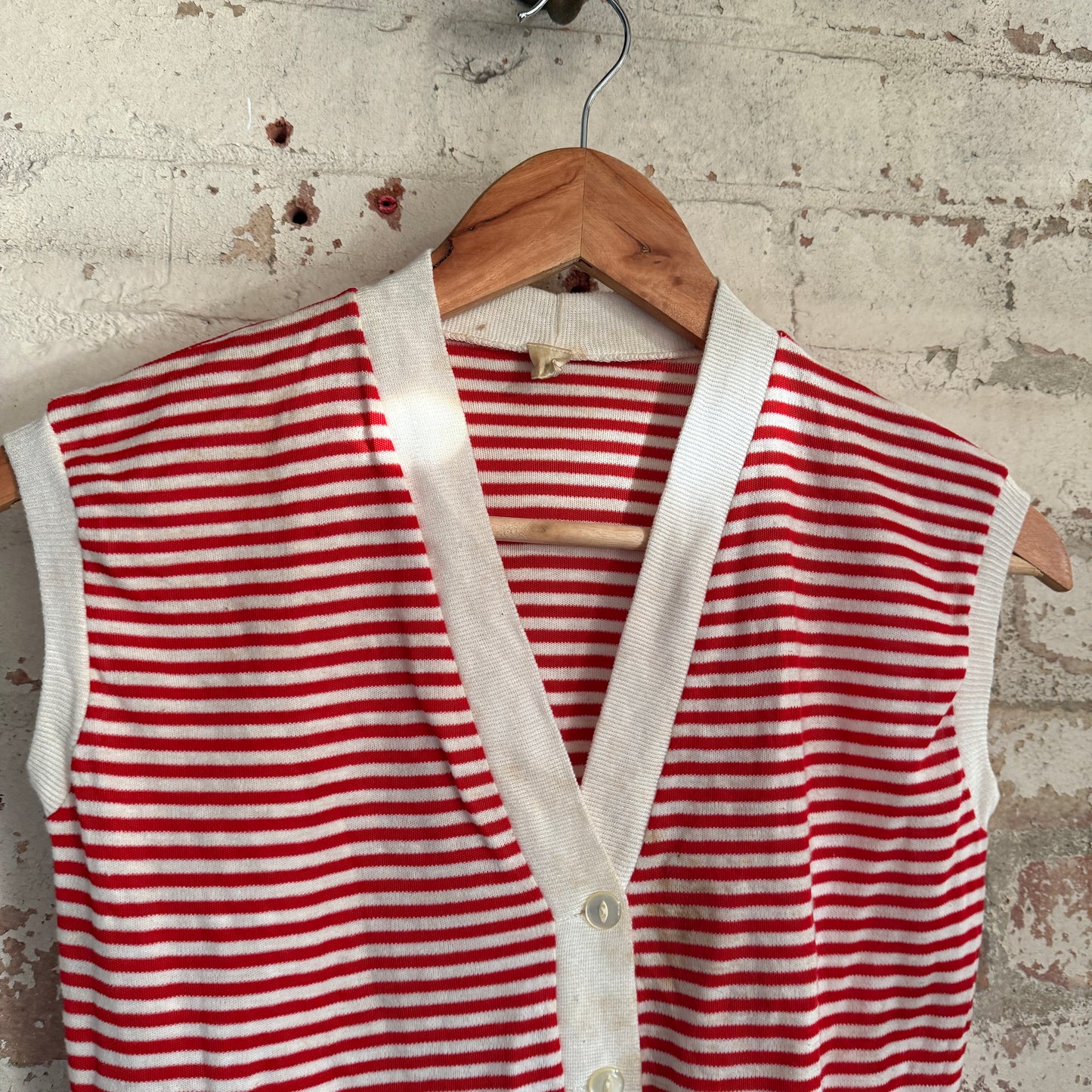 1970s Red Striped Cotton Button Cardigan Vest Top