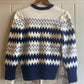 1970s White and Blue Hand Knitted Cardigan Jumper
