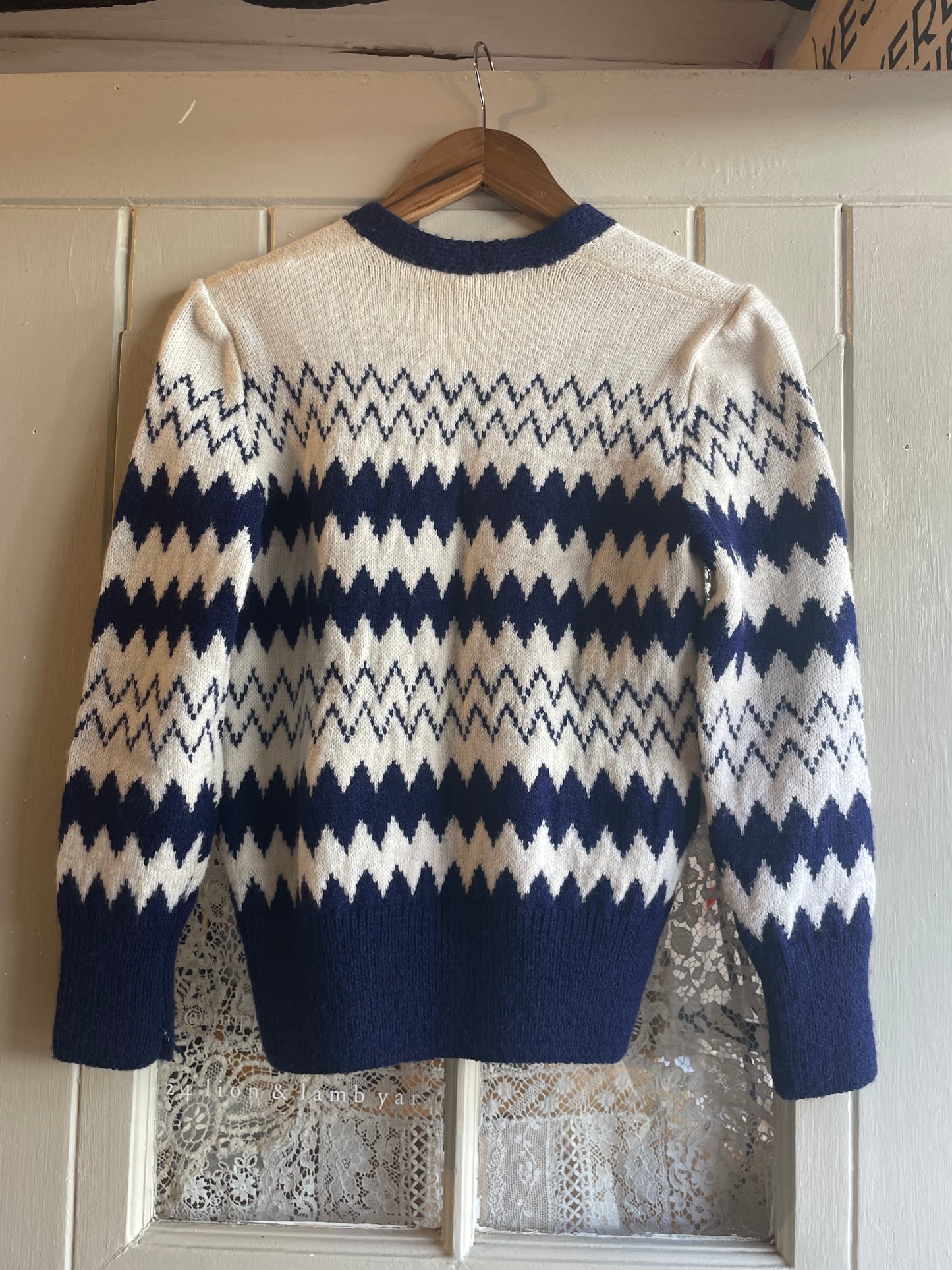 1970s White and Blue Hand Knitted Cardigan Jumper