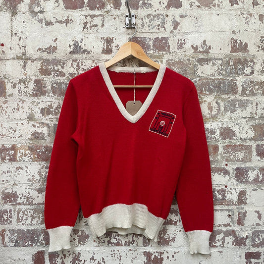 Vintage 1970s 1980s Red Knitted V-Neck Graphic Jumper