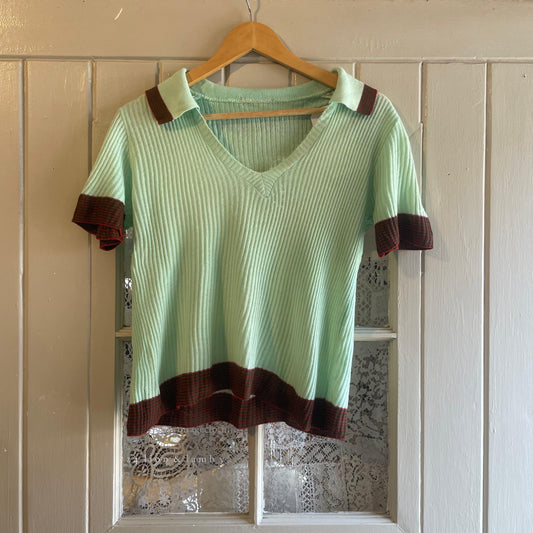 1970s Lime Green Knitted Polo Shirt Top