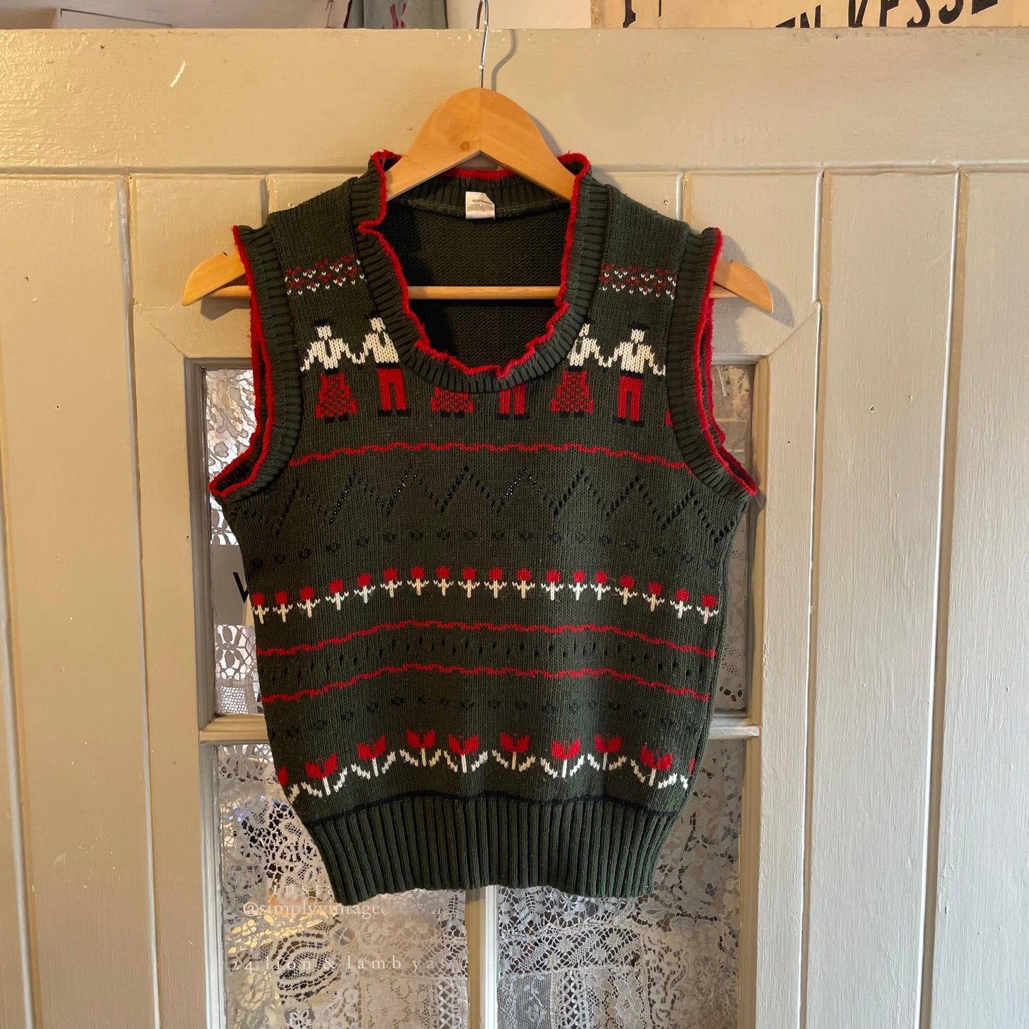 1970s Dark Green Graphic Print Knitted Tank Top