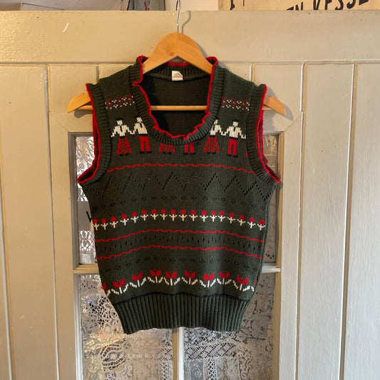 1970s Dark Green Graphic Print Knitted Tank Top
