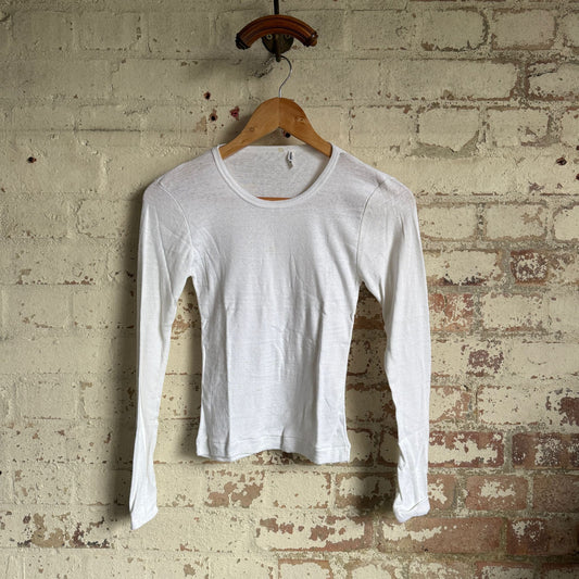 1970s White Long Sleeve Blank Cotton Top T-Shirt