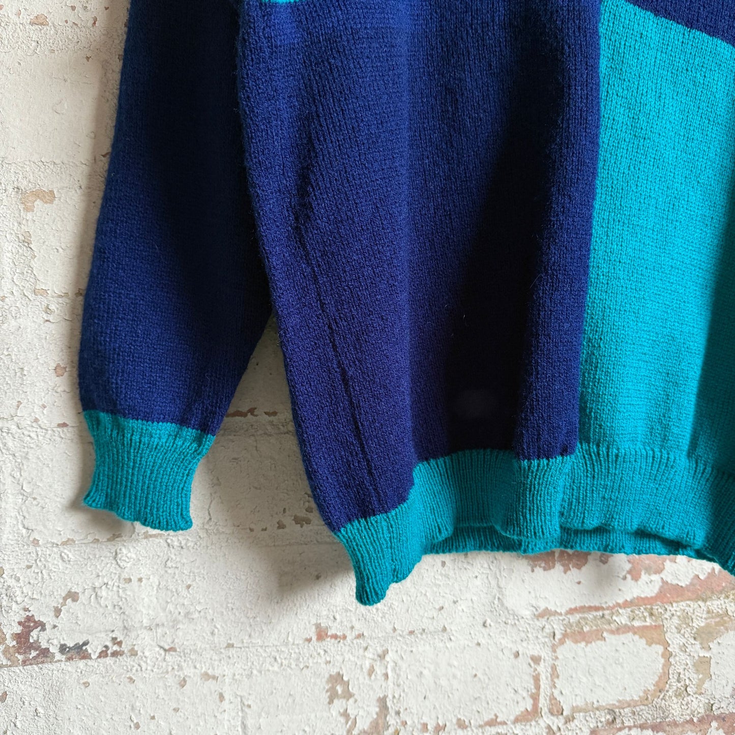 1980s Navy and Turquoise Knitted Button Jumper