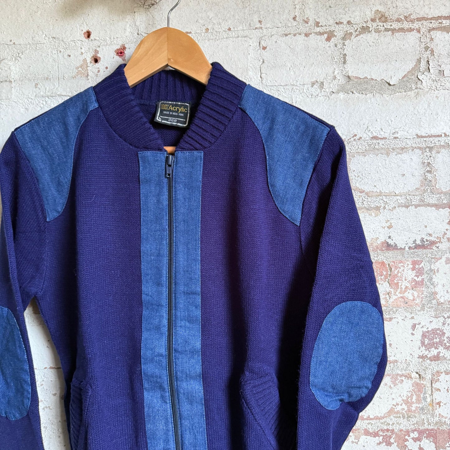 1970s Navy Knitted Denim Track Top Jumper