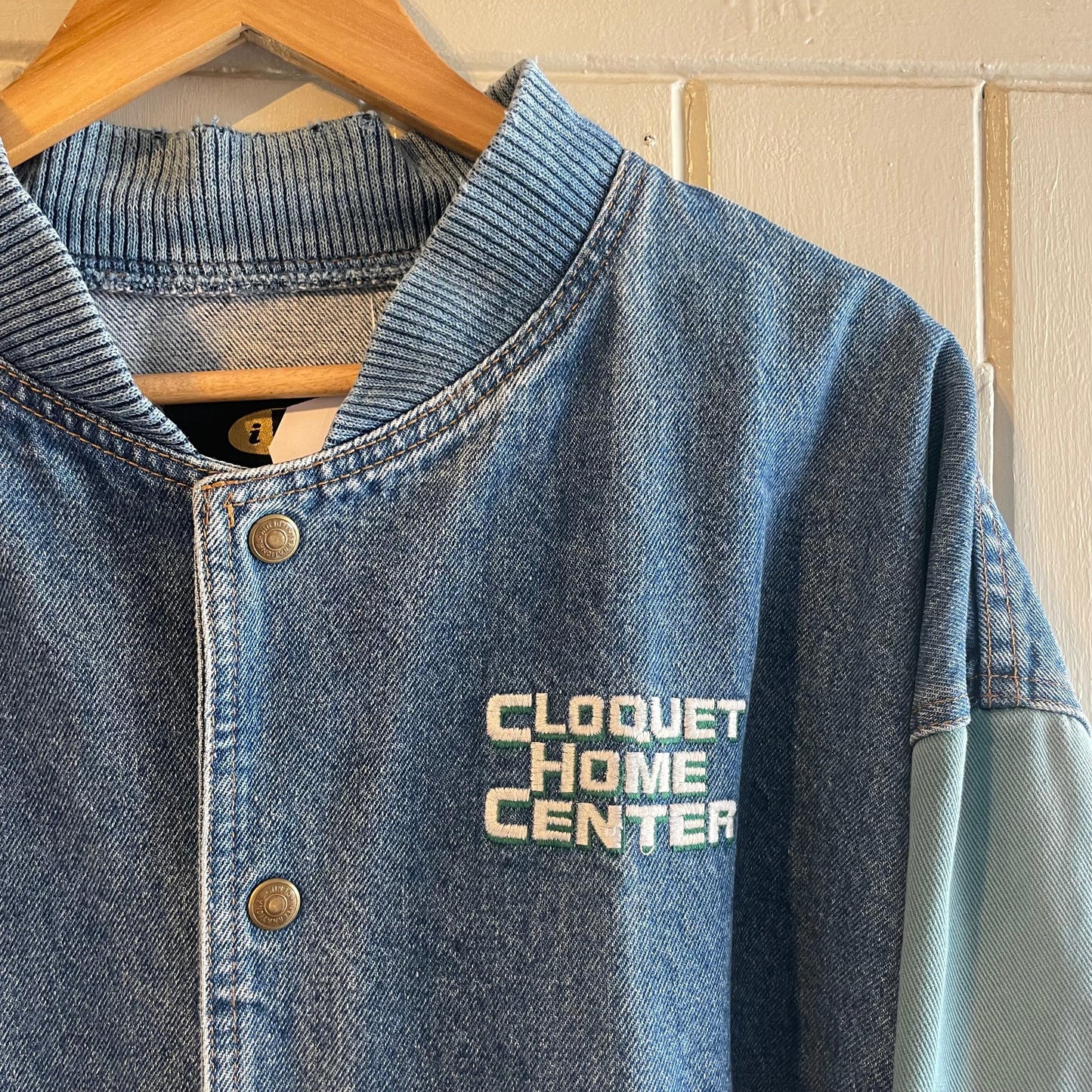 1990s Blue Denim Embroidered Varsity Jacket